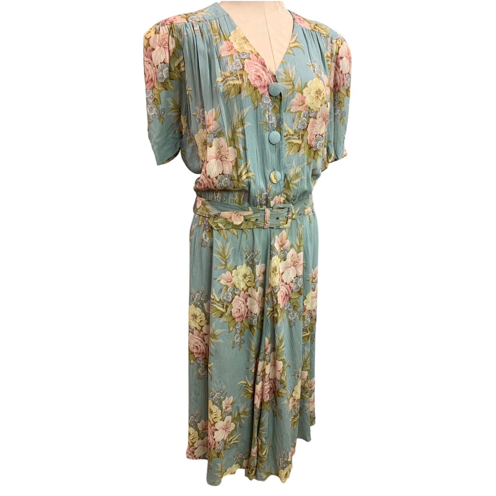 Vintage 90s Leslie Fay Dress 16P Blue Floral Rayon Midi Belted Made USA